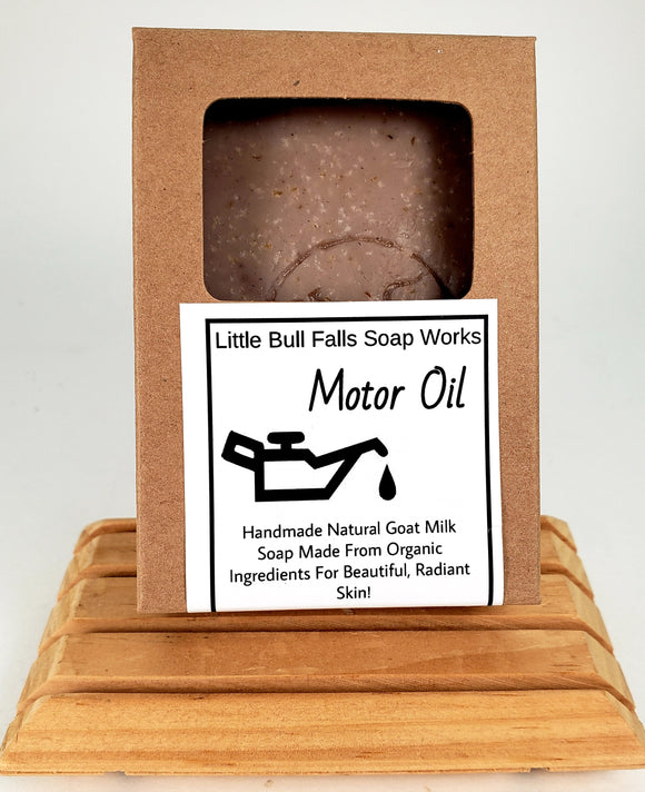 Motor Oil handmade soap is made in Central Wisconsin by soap company Little Bull Falls Soap Works in small batches from organic ingredients.  It smells exactly like motor oil. Makes a great gift for mechanics, teen boys, and anyone who collects cars!