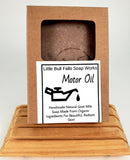 Motor Oil handmade soap is made in Central Wisconsin by soap company Little Bull Falls Soap Works in small batches from organic ingredients.  It smells exactly like motor oil. Makes a great gift for mechanics, teen boys, and anyone who collects cars!