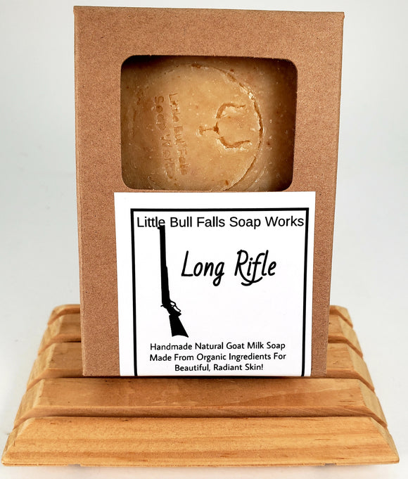 Long Rifle handmade goat milk soap for men by Wausau Wisconsin soap & candle co Little Bull Falls Soap Works. Great gift for hunters, gun collectors, gun smiths, rugged guys, and the outdoorsy type!