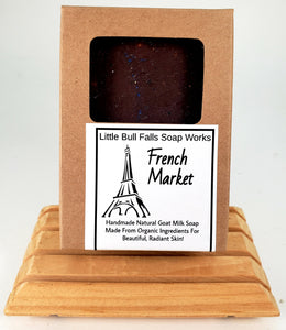 French Market organic handmade goat milk soap is hand-poured in Wisconsin by soap company Little Bull Falls Soap Works. Smells like fruit tarts. Buttery, fruity, and a lot of vanilla!