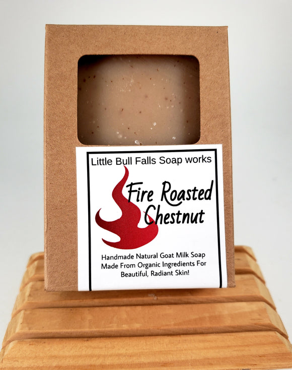 Fire Roasted Chestnut handmade organic goat milk soap is made in small batches in Central Wisconsin by soap company Little Bull Falls Soap Works. Nutty soap.