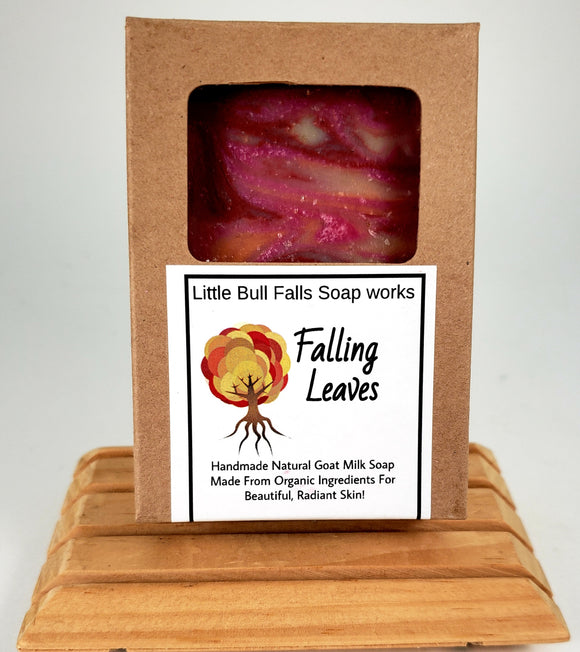 Falling Leaves is a handmade goat milk oatmeal organic soap made in Central Wisconsin by Little Bull Falls Soap Works. Reminiscent of Bath & Body Works' Leaves. Very popular fall scent. Available for wholesale. 