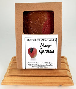 Mango Gardenia organic goat milk oatmeal soap is handmade in small batches by Central Wisconsin soap company Little Bull Falls Soap Works 