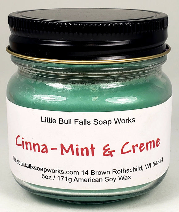 Cinnamon mint soy wax candle made by Central Wisconsin candle company Little Bull Falls Soap Works.  Handmade and hand-poured in small batches. Non toxic,  paraben, and phthalate free. Maximum scented. 