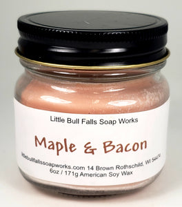 Maple Bacon Candle. Handmade soy wax candles. Wisconsin Made. Little Bull Falls Soap Works. American Soy Candle. Kailey's Kandles. Best soy wax candle.