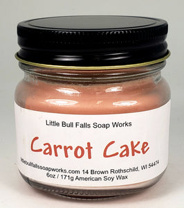 carrot cake candle. Desert candle. Handpoured candle from Wisconsin. Pure soy wax candle. Little Bull Falls Soap Works. Wisconsin Candlemaker. Kaileys Kandles. Rothschild Wisconsin