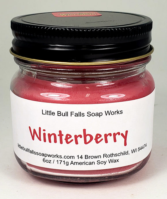 Winterberry soy wax cnadle made in Wisconsin by Little Bull Falls Soap Works. Farmhouse mason jar candle. Holiday candle. Christmas candle. Hostess gift. Teacher gift.