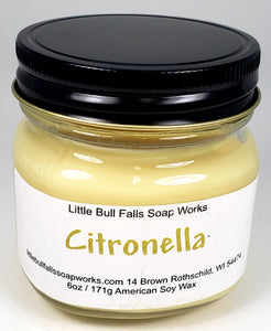 Citronella Candle is handmade from nontoxic soy wax from Wisconsin chandler Little bull falls soap works.  Candle for bugs. 