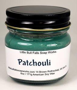 Patchouli scented soy wax candle made in Wisconsin by Little Bull Falls Soap Works. Nontoxic soy wax candle