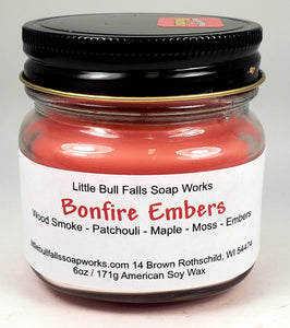 Bonfire Embers is a soy wax melt made from American soybeans. It was handmade by Wisconsin candle company Little Bull Falls Soap Works.  If you like the smell of a woodstove, a bonfire, or a campfire you will love this.  This scent combines a smokiness with embers, patchouli, maple and moss.