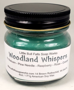 Woodland Whispers is a pine scented candle made from soy wax that smells like Christmas.  Handmade in Wisconsin by small business candle co Little Bull Falls Soap Works 