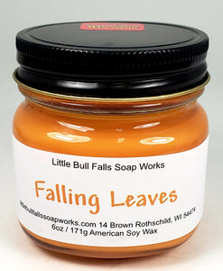 Falling Leaves is a handmade soy wax candle made by Wisconsin candle company Little Bull Falls Soap Works.  This is a dupe of Bath & Body Works Leaves scent. Smells like a warm, sunny fall day!