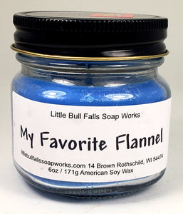 My favorite flannel soy wax candle made by Little Bull Falls Soap Works. Handmade soy wax candle fresh & clean. Soft flannel scented.