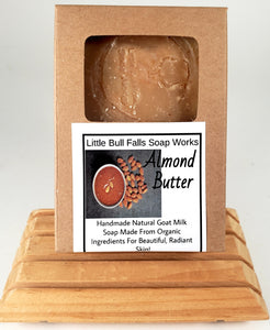 Almond butter handmade goat milk oatmeal soap by Wisconsin soap coompany Little Bull Falls Soap Works. Handmade Wisconsin soap.