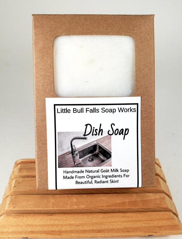 Nontoxic handmade bar dish soap. Organic ingredients made by Wisconsin soap company Little Bull Falls Soap Works.  Unscented, biodegradable,  and safe.