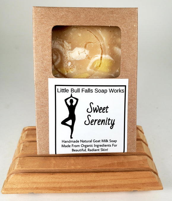 Sweet Serenity handmade cold processed goat milk soap is made in Wausau Wisconsin from organic ingredients by Wisconsin soap & candle co Little Bull Falls Soap Works. It is Serenity Now!