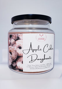 Large 16oz candle made from American soy wax in Wisconsin by soap & candle company Little Bull Falls Soap Works.A delicious, mouthwatering blend of freshly fried donut rings infused with a hint of warm apple cider and topped with sugar.     Top notes: Fresh Apples, Cinnamon  Middle notes: Fried Donuts, Warm Cider  Base notes: Tonka Bean, Vanilla, Sugar Crystals