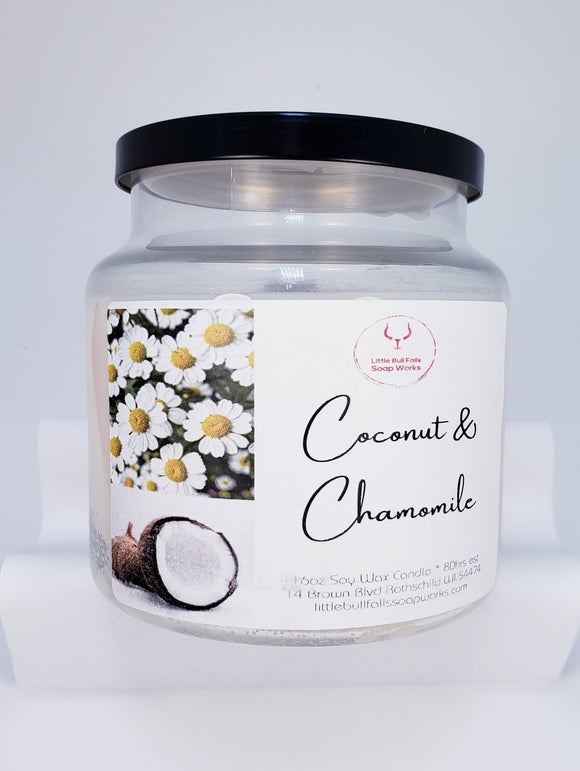 Coconut & Chamomile candle is so fresh & spring like. This large 16oz candle is made from soybeans that were grown in the USA. Handpoured & handmade in Wisconsin by soap & candle comapny Little Bull Falls Soap Works. Summertime picnics and sweet delights inspire this wonderful gourmand aroma created with a coconut vanilla cake infused with chamomile and covered in a honey and pineapple meringue frosting. 
