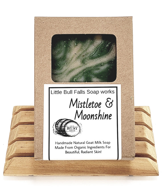 Mistletoe and moonshine handmade soap. Handmade cold processed soap is made from organic food ingredients in central Wisconsin by soap and candle company Little Bull Falls Soap Works. They are located in the Wausau Wisconsin metro area. Perfect Christmas gift for men!