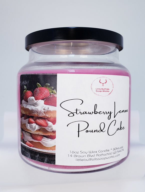 Strawberry Lemon Pound Cake soy wax wood wick candle hand made by Wisconsin soap & candle co Little Bull Falls Soap Works. The delightful aroma of freshly sliced strawberries accompanied by warm pound cake with whipped cream is sure to please.