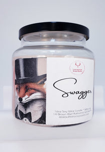 Swagger soy wax candle with a wood wick. Handmade & handpoured in Wisconsin by Little Bull Falls Soap Works. A clean and fresh masculine scent with citrus and woody top notes boosted by floral nuance middle notes and long lasting earthy, musky bottom notes.