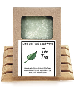 Tea Tree soap is made with tea tree essential oil by WIsconsin soap & candle company Little Bull Falls Soap Works.  It has natural anti-inflammatory and antibacterial properties that help prevent excessive oil buildup, swelling, redness, acne, and pimples. If you are ready to try this unique essential oil to feel its benefits, all-natural tea tree soap with a clean, refreshing scent might be the right product for you.