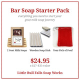 Bar Soap Starter Pack - handmade goat milk soap gift set with two soap bars, wooden dish and pouf