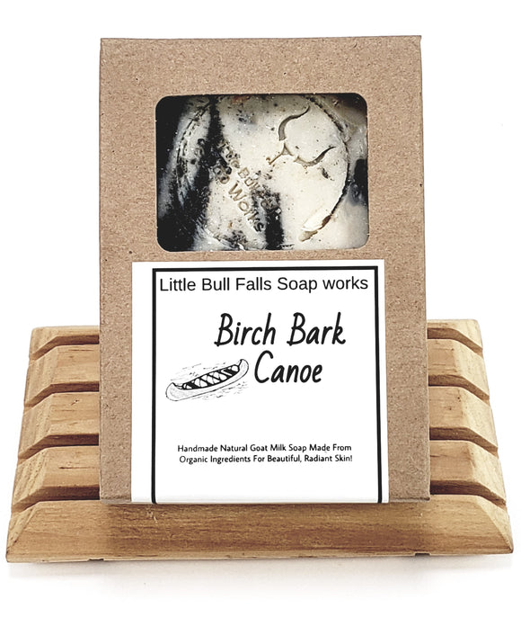 Birch Bark Canoe goat milk soap. Woodsy soap made in Wisconsin by Little Bull Falls Soap Works. Great gift for men. Natural skincare for men.