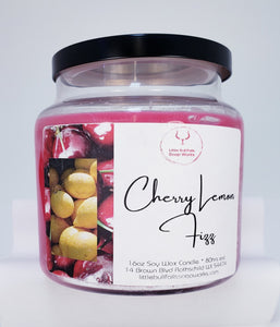 Cherry Lemon Fizz is a large 16oz soy wax candle made from US grown soybeans. Candle was made in Central Wisconsin by Wausau by Little Bull Falls Soap Works. A lively, refreshing blend of tart cherries and freshly squeezed lemons make for a perfectly balanced aroma of a classic summer refreshment.     Top notes: Tart Cherry, Lemon Citrus  Middle notes: Sparkling Lemonade   Base notes: Sugar Crystals, Fresh Picked Strawberry. in 