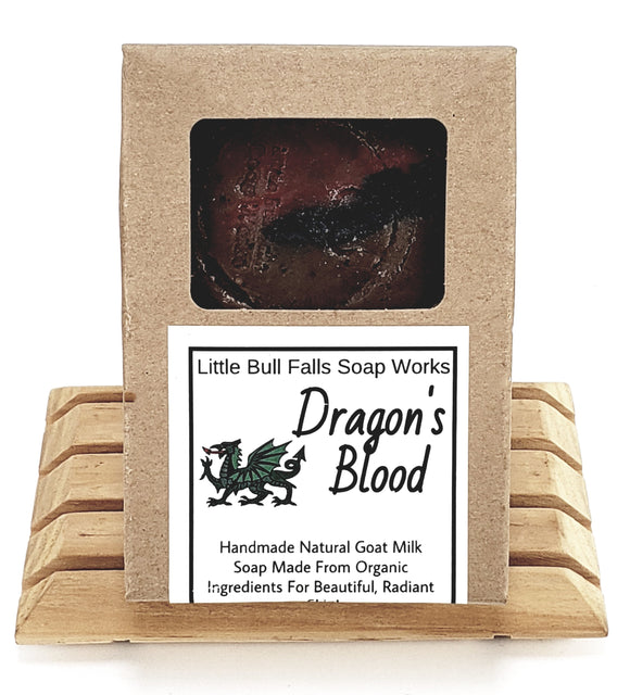 Dragon Blood handmade natural goat milk soap is made from organic food ingredients. Dragons Blood is considered a unisex gender-neutral scent. Dragon's Blood is a biodegradable earth-friendly soap that is geltle on skin and smells like incense. There is a lot of spicy notes in this soap including sandalwood & patchouli. It is made by Wisconsin soap & candle co Little Bull Falls Soap Works that has a store in the central Wausau area.