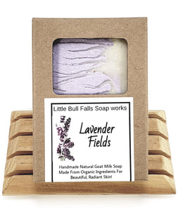 Lavender Fields Goat Milk soap is made with organic food ingredients and pure lavender essential oil by Wisconsin soap & candle company Little Bull Falls Soap Works.