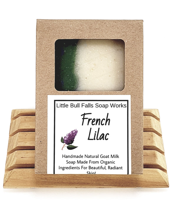 French Lilac soap smells exacly like flowering lilacs. Great gift for mom on mothers day, gardeners, and sisters, and gal-pals! Handmade in Wisconsin from organic food ingredients by Little Bull Falls Soap Works. Natural skincare for her!