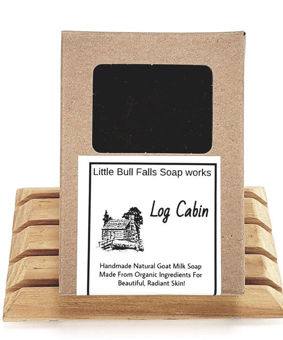 Log Cabin artisan soap made from organic food ingredients. The smell will take you to a warm & cozy secluded cabin in a winter forest. Great unisex scent makes a great gift for dads and grads! Made by WIsconsin soap and candle company Little Bull Falls Soap Works in Wausau Wisconsin - central Wisconsin near Marshfield & Stevens Point.
