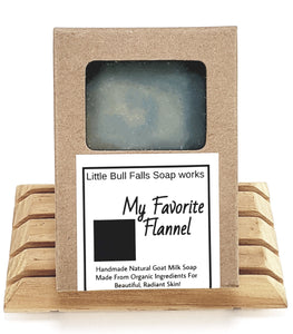 My Favorite Flannel in a goat milk soap made with ground oats and organic food ingredients. It smells fresh, clean, and as cozy as an old favorite flannel. This is gender-neutral unisex fragarnce that will delight both men and women. These natural bar soaps are earth-friendly & biodegradable. Made in Wisconsin by Little Bull Falls Soap Works soap and candle company with a store located in central wisconsin by Wausau.
