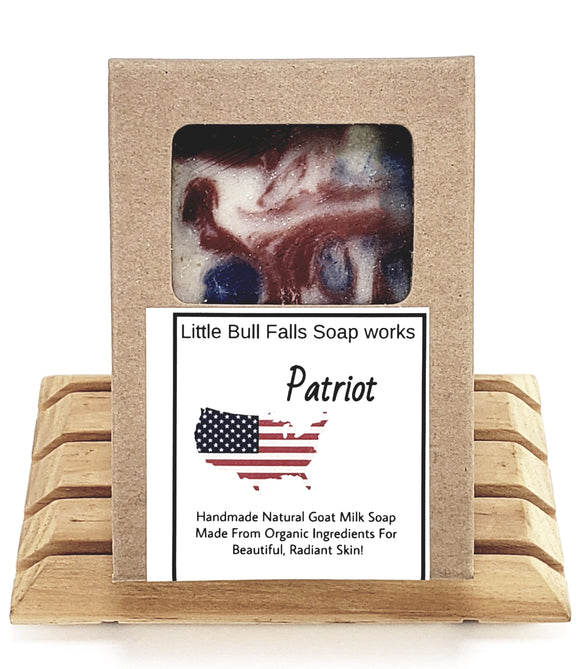 Patriot goat milk oatmeal soap is made with organic food ingredients & is earth-friendly & biodegradable. This is a natural soap for men & women. It is a unisex scent - gender-neutral. This bar soap makes excellent skincare for men because of the nourishing ingredients. It is made in WIsconsin by Little Bull Falls Soap Works with raw goat milk from small farmers.