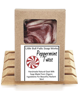 Candy cane soap! Peppermint Twist is a peppermint minty soap made with raw Wisconsin goat milk, ground oatmeal, & organic food ingredients. This cold process soap is all made by hand by WIsconsin soap company Little Bull Falls Soap Works. Makes a great stocking stuffer or Christmas gift!