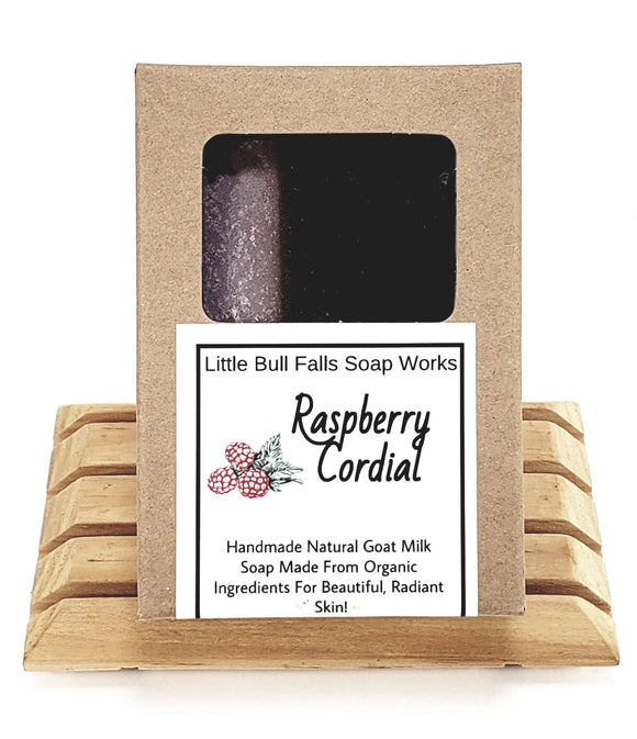 Raspberry cordial soap is made in America by WIsconsin based soap and candle company Little Bull Falls Soap WOrks. They use organic food ingredients and are located in central Wisconsin & do sell wholesale all across the country.