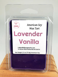 Lavender Vanilla soy wax melt was handmade in Central Wisconsin by candle company Little Bull Falls Soap Works from American farmed soybeans 