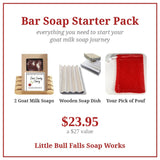 Bar Soap Starter Pack - two goat milk soaps, wooden soap dish, and your pick of pouf - $23.95, a $27 value