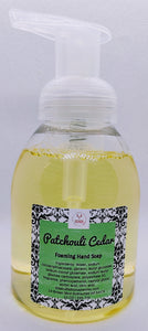 Patchouli and Cedarwood Foaming hand soap made by Little Bull Falls Soap Works in Wisconsin. Wholesale soap.