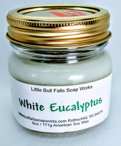 White Eucalyptus soy wax candle made by Little Bull Falls Soap Works. Spa candle. Wholesale candles. Natural Candles.