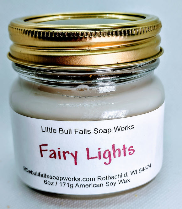 Fairy Lights soy wax candle made in Wisconsin by Little Bull Falls Soap Works. Smells like Moonflower Nectar. Best candles.. Made by Little Bull Falls Soap Works a Wisconsin candle company.