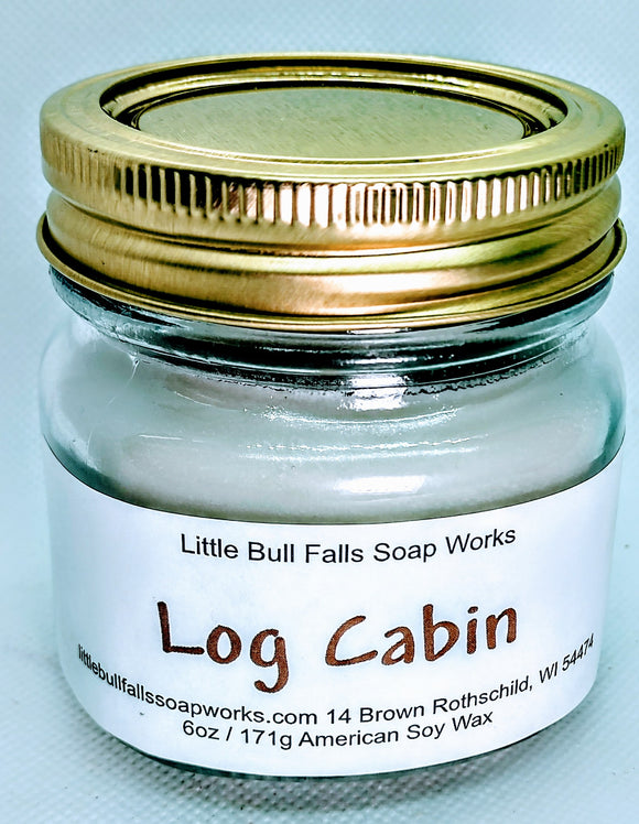 Log Cabin scented soy wax candle made from soybeans grown by American farmers. Farmhouse style mason jar candle. Little Bull Falls Soap Works.