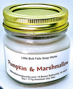 Pumpkin marshmallow soy wax candle made in Wisconsin by Little Bull Falls Soap Works. Something Special from Wisconsin.