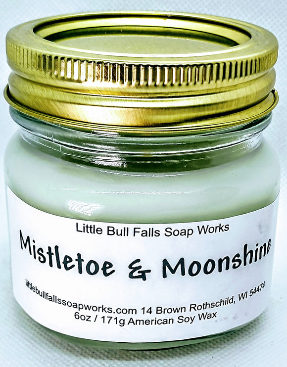 Mistletoe Moonshine soy wax candles made in Wisconsin by Little Bull Falls Soap Works. Christmas candle. Christmas gift. Something Special From Wisconsin.