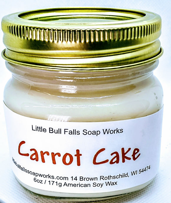 carrot cake candle. Desert candle. Handpoured candle from Wisconsin. Pure soy wax candle. Little Bull Falls Soap Works. Wisconsin Candlemaker. Kaileys Kandles. Rothschild Wisconsin