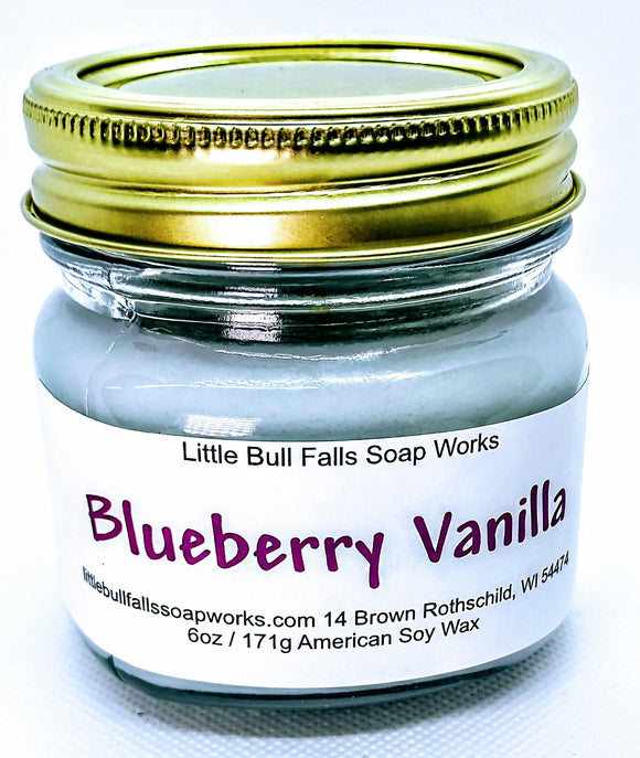 Blueberry Vanilla Soy Wax Candle made by Little Bull Falls Soap Works in Wisconsin. Wholesale Candles.