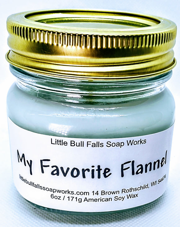 My favorite flannel soy wax candle made by Little Bull Falls Soap Works. Handmade soy wax candle fresh & clean. Soft flannel scented.