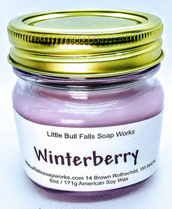 Winterberry soy wax cnadle made in Wisconsin by Little Bull Falls Soap Works. Farmhouse mason jar candle. Holiday candle. Christmas candle. Hostess gift. Teacher gift.