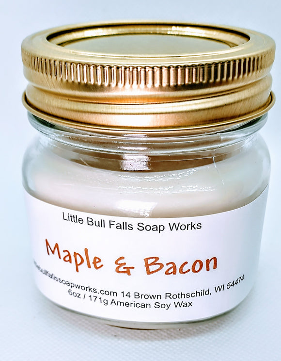 Maple Bacon Candle. Handmade soy wax candles. Wisconsin Made. Little Bull Falls Soap Works. American Soy Candle. Kailey's Kandles. Best soy wax candle.